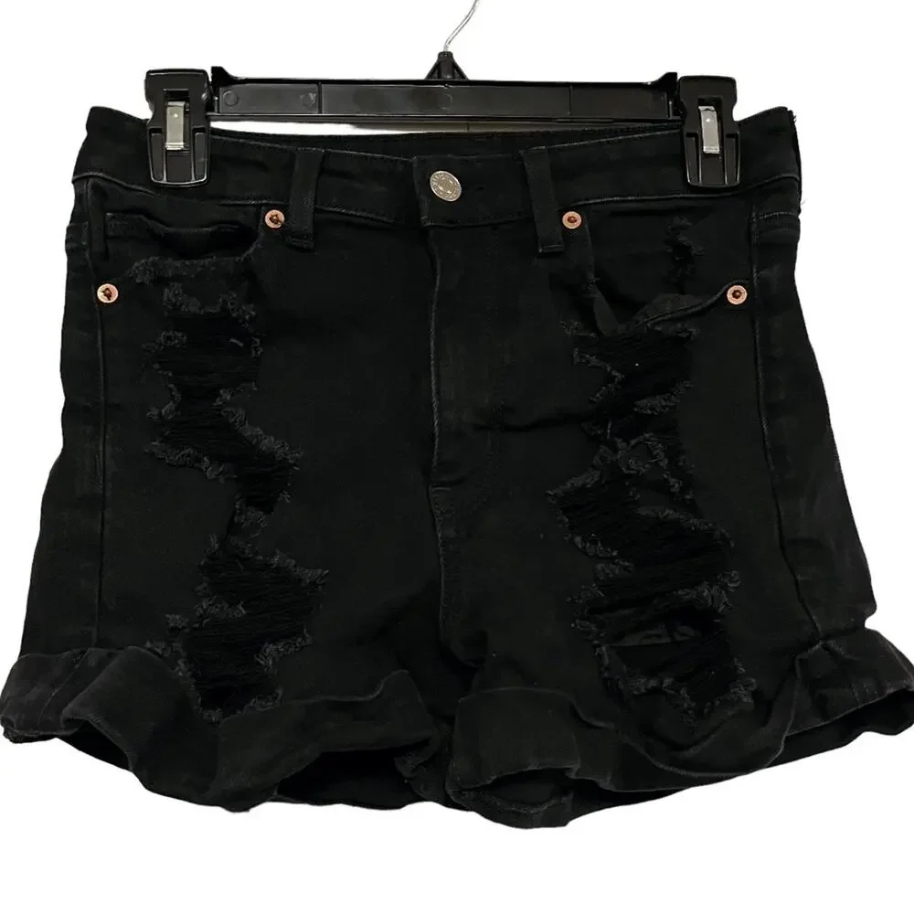 AMERICAN EAGLE MOM SHORTS Solid Black Zip Fly High Rise Roll Cuff Jeans Denim 4